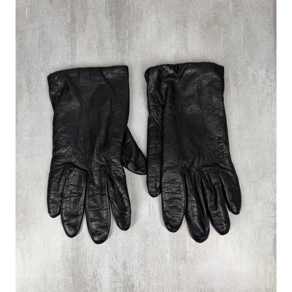 Vintage Fownes Mens Black Genuine Leather Gloves Acrylic Lined 8.5 70s 80s